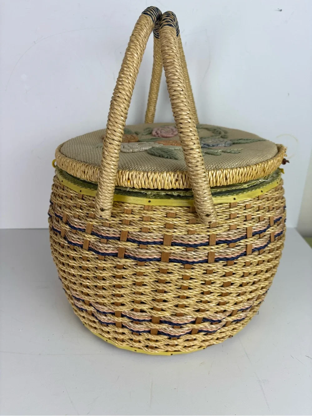 Vintage Sewing Basket-Round w/ Embroidered Floral Lid-Granny Chic